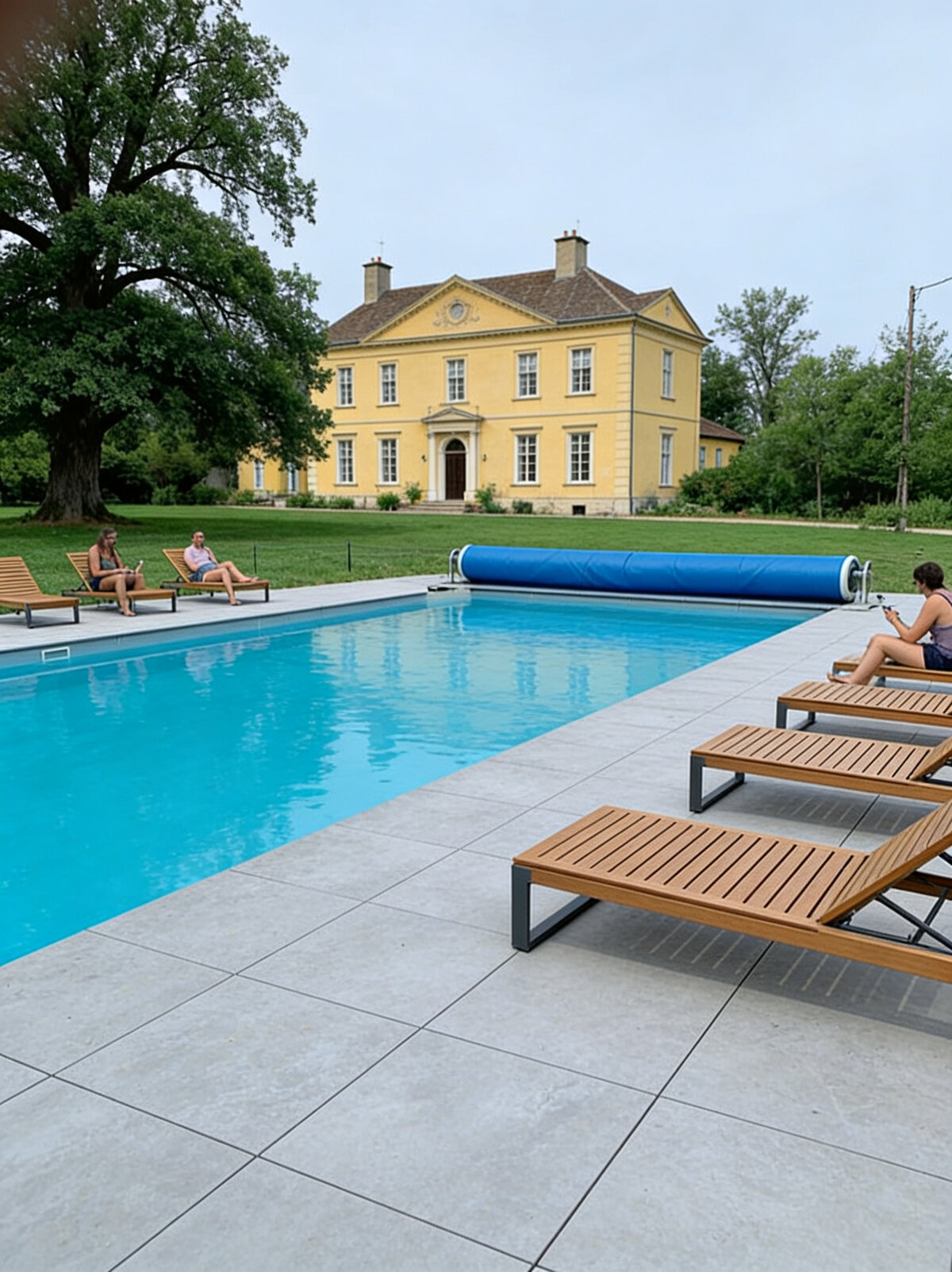 Fertige Poolterrasse aus grauen Feinsteinzeugplatten mit Holz-