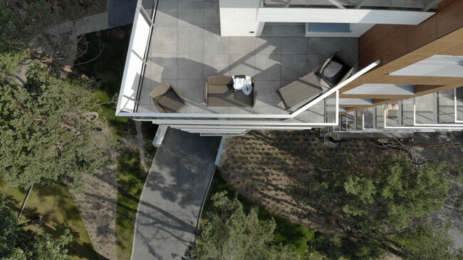 Aerial view of a roof terrace with pavers, finished