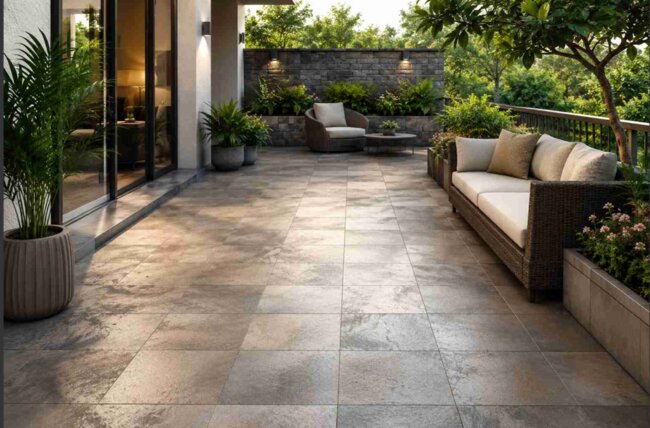 Moderne Terrasse mit Feinsteinzeugplatten und Rattan-Gartenmöbeln