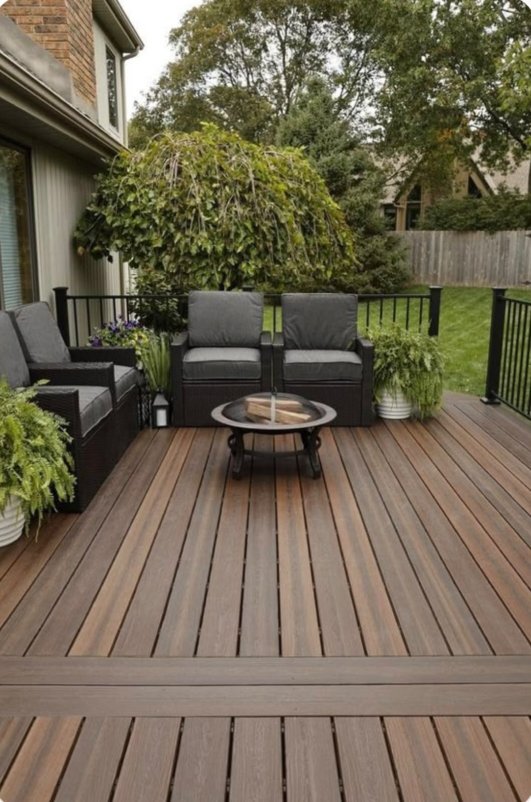Große Terrasse aus Naturholz an einem modernen Wohngebäude.