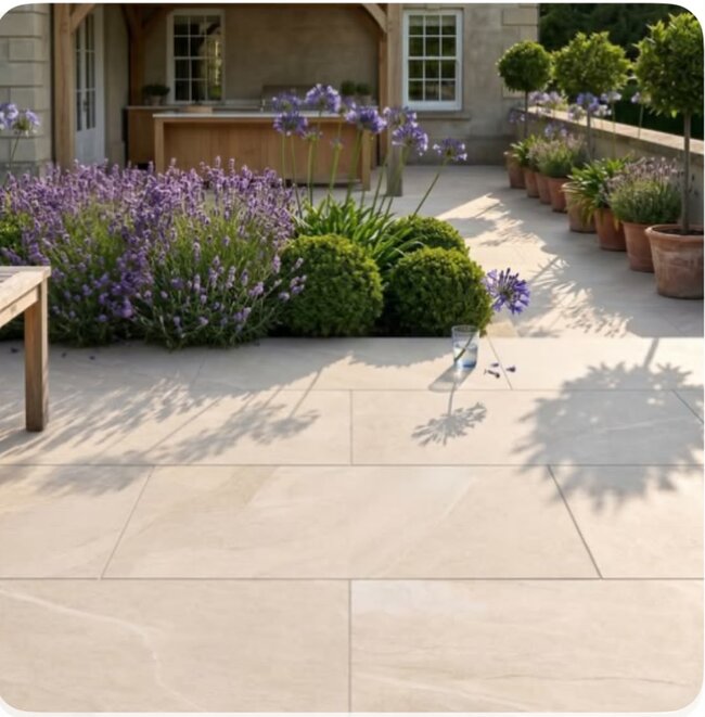 Ansicht einer Terrasse aus Terrassenplatten