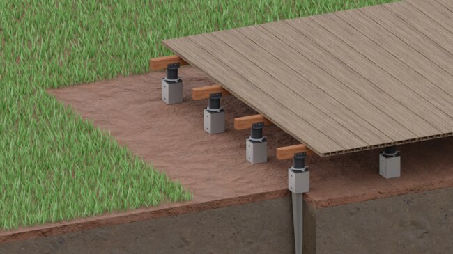 Konstruktionsschema einer Holzterrasse auf Bodenuntergrund