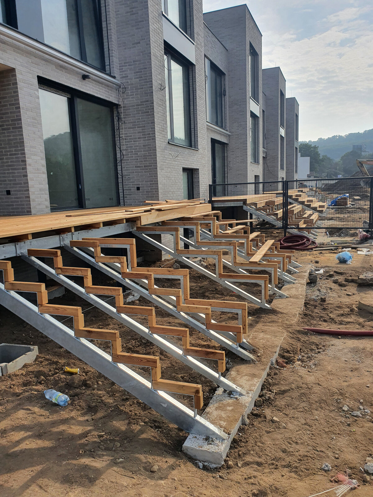 Construction of external terrace stairs on steel and wooden joists