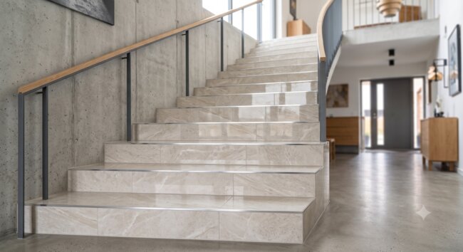 Moderne beige Feinsteinzeugtreppen in einem industriellen Innenraum.