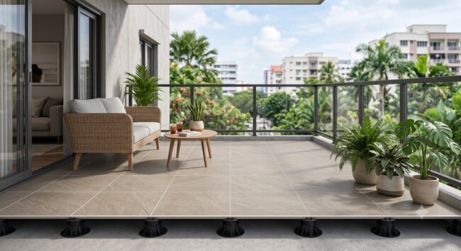 Balkon mit Keramikplatten auf niedrigen höhenverstellbaren Stelzlagern montiert