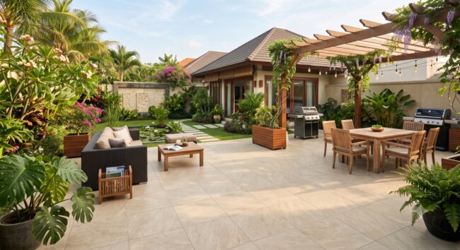 Große Gartenterrasse mit hellen Keramikplatten und Loungemöbeln
