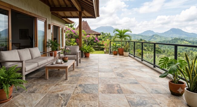 Terrasse mit Feinsteinzeugplatten in Natursteinoptik und Blick auf die Berge