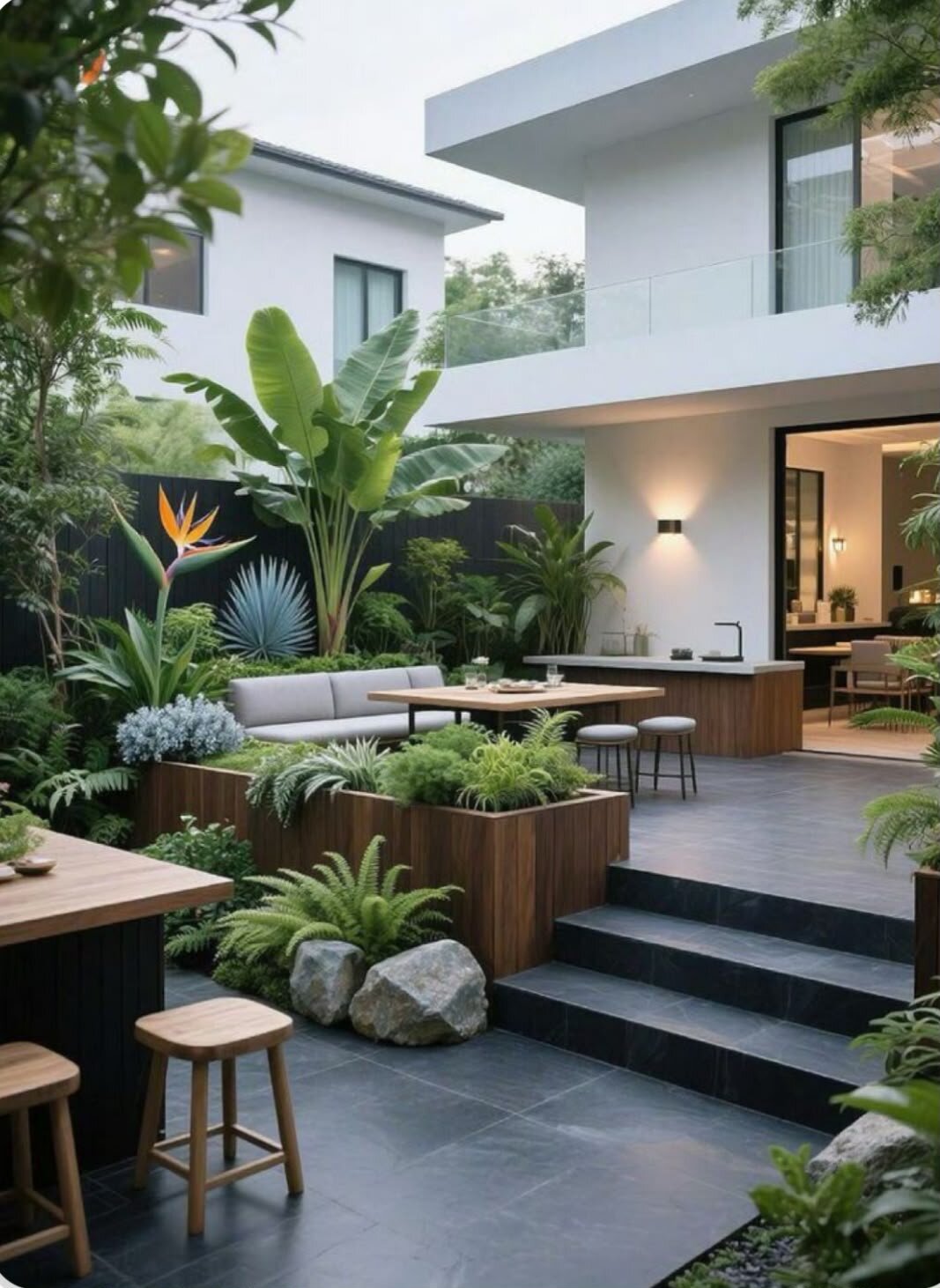 Modernes Terrassendeck mit Holzmöbeln und tropischen Pflanzen an einem weißen Haus.