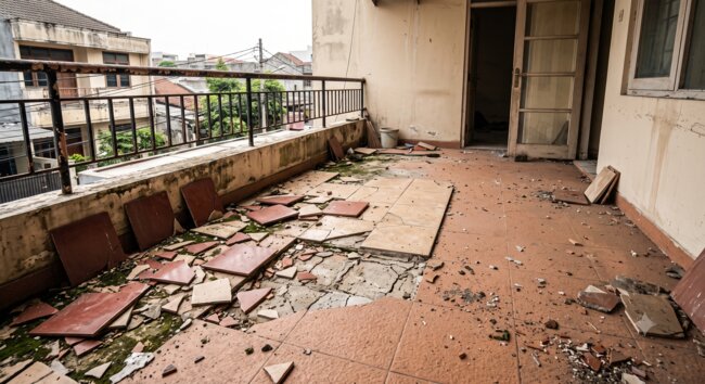 Beschädigte und gerissene Platten auf einem Balkon, der renoviert werden muss