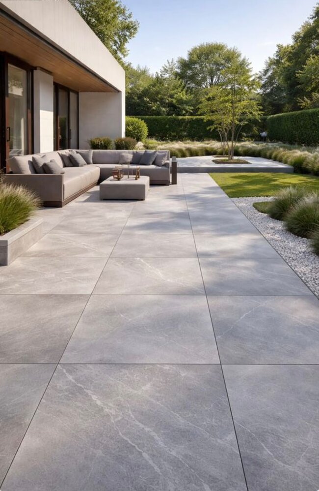 Moderne Terrasse mit grauen Feinsteinzeugplatten und Gartenmöbeln