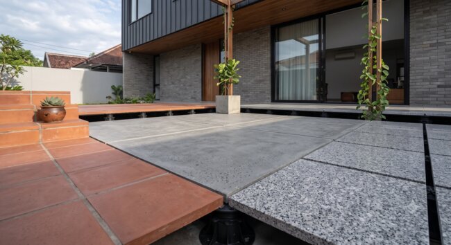Stelzlager Terrasse mit verschiedenen Arten von Terrassenplatten