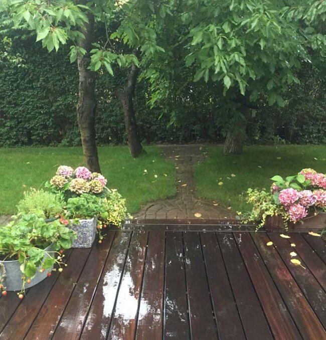 Nasser Terrassenbelag aus Holz mit Blumentöpfen und Blick auf den Garten