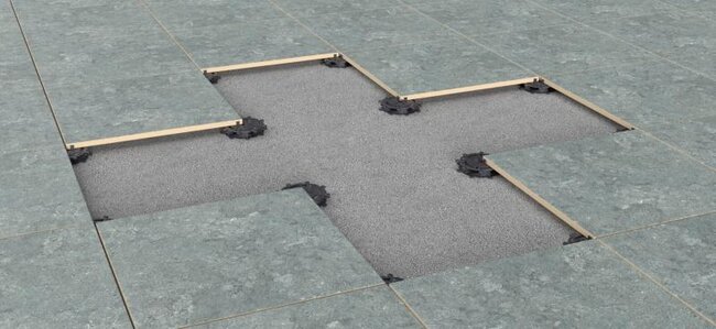 Visualisierung einer Stelzlager Terrasse auf höhenverstellbaren Stelzlagern mit Verwendung von Platten.