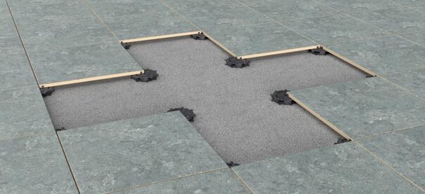 Visualisierung einer Stelzlager Terrasse auf höhenverstellbaren Stelzlagern mit Verwendung von Platten.