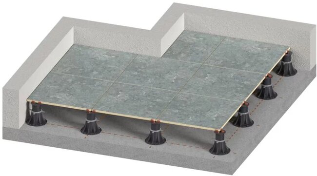 Visualisierung einer Stelzlager Terrasse auf höhenverstellbaren Stelzlagern mit Verwendung von Platten.