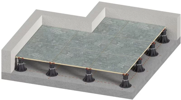 Visualisierung einer Stelzlager Terrasse auf höhenverstellbaren Stelzlagern mit Verwendung von Platten.