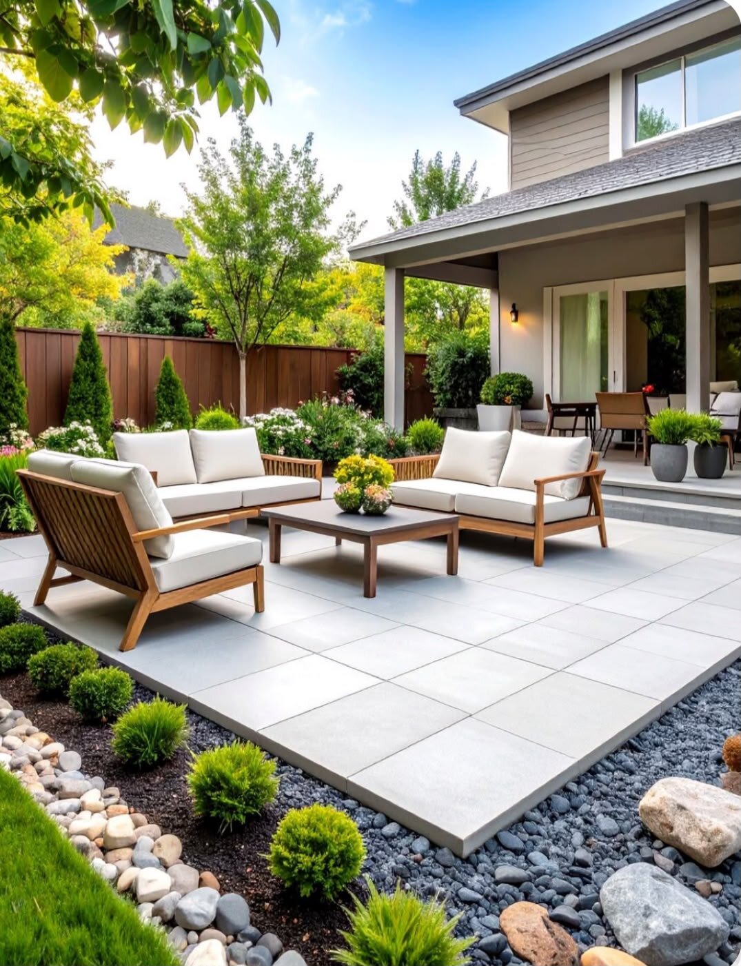 Moderne Terrasse mit Betonplatten und Gartenmöbeln.