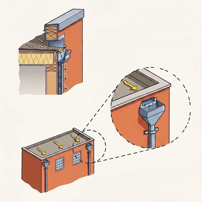 Flachdachentwässerungsschema mit Überlauf und Fallrohr.