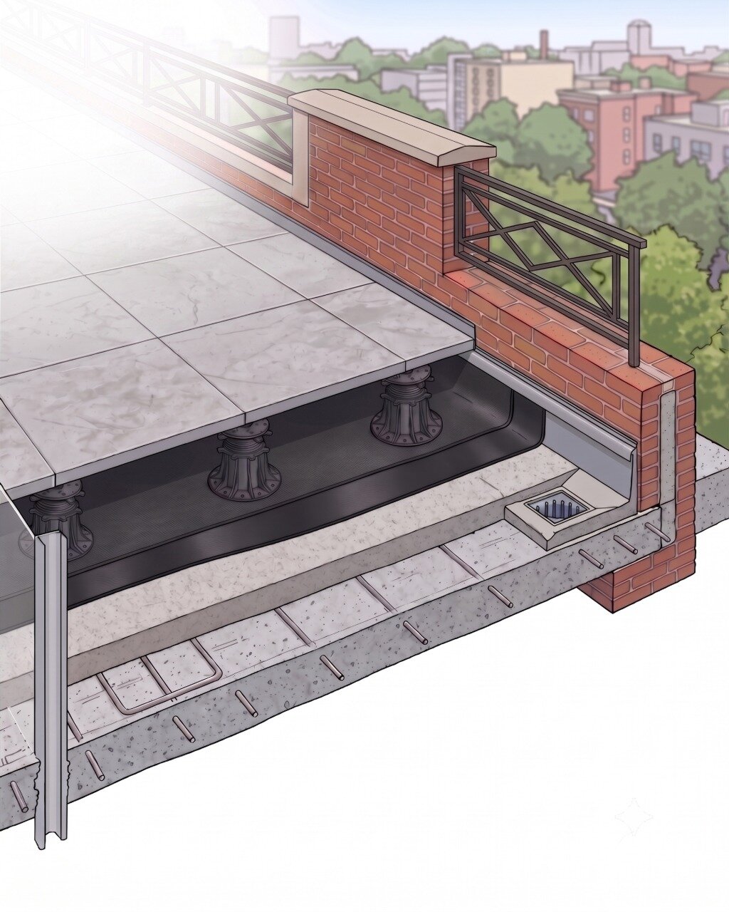 Querschnittschema der Schichten einer Stelzlager-Terrasse auf einem Dach mit Abdichtung.