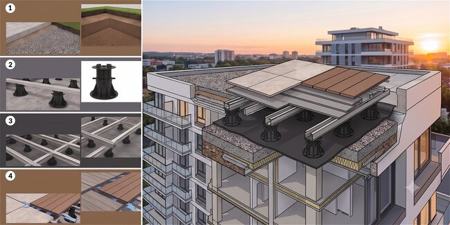 Querschnitt der Dachterrasse im Stelzlager-System