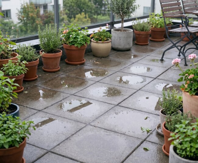 Pfützen mit stehendem Wasser auf grauen Terrassenplatten im Balkongarten mit Pflanzen in Töpfen