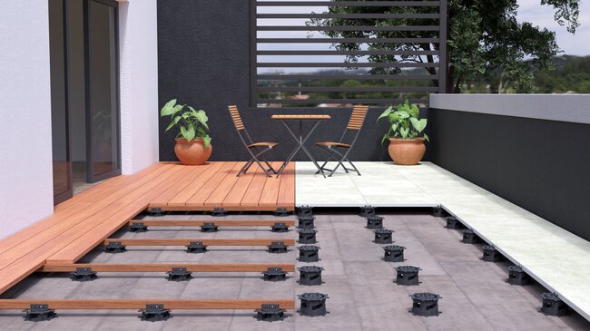 Moderne Stelzlager Terrasse aus Dielen und Platten auf SPIRAL Stelzlagern