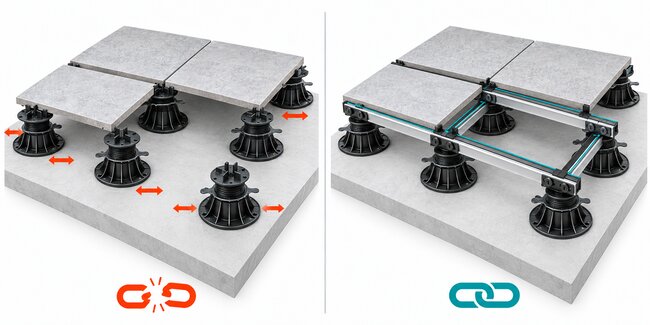 Vergleichsdiagramm eines Terrassen-Stelzlager-Systems ohne Tragschienen vs. eines verbundenen Aluminium-Balkensystems für Außenplatten.