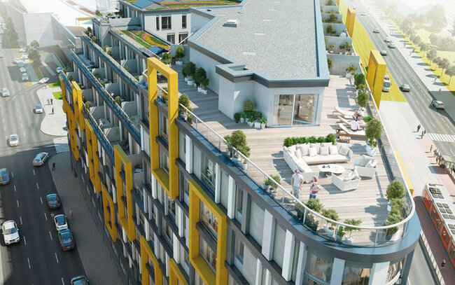Modernes Gewerbe- und Wohngebäudedesign mit großer Dachterrasse und Plattenbelag.