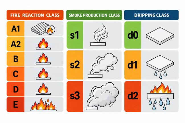 Europäisches Brandklassifizierungsdiagramm, das die Reaktion auf Feuer, Rauchentwicklung und Bewertungen brennender Tropfen für Baustoffe darstellt.
