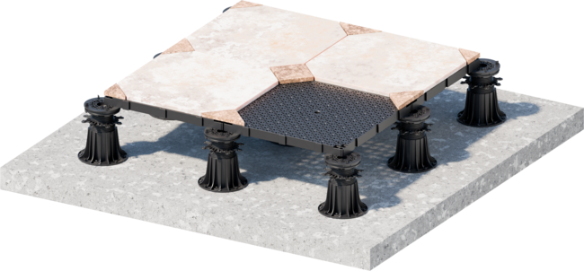 DeckSafe-Unterboden-Gitter montiert auf höhenverstellbaren Stelzlagern mit äußeren Terrassenplatten.